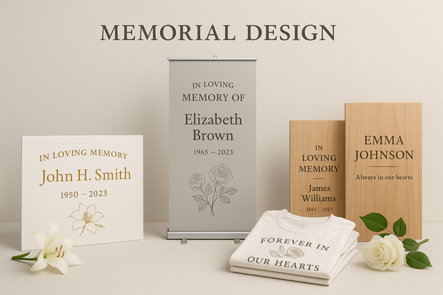 Memorial signs, memorial pull up banner, memorial T-shirts, Memorial boards