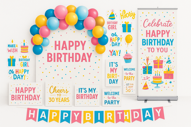 Please make a Birthday collection with birthday arch board, birthday stickers, birthday pull up banner, birthday signs, birthday Banner