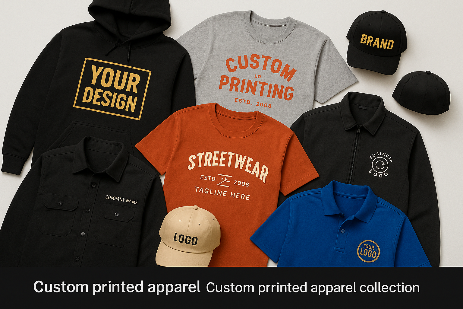 please make a collection photo for my custom apparel collection - a photo with printed garments, maybe work wear, street wear, and other stuff