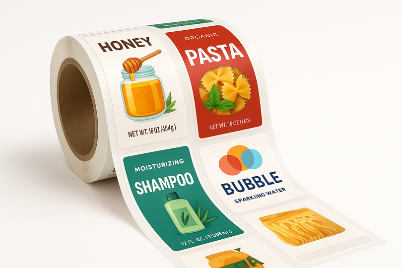 rectangle label roll with product prints on it