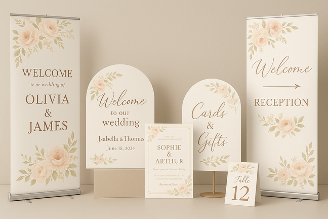 wedding signage, a mixture of pull up banners, arch signs, Wedding invite cards, wedding signage 